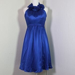 Melissa Sweet Royal Blue Satin Halter Dress A-Line Rosette Neckline Size S